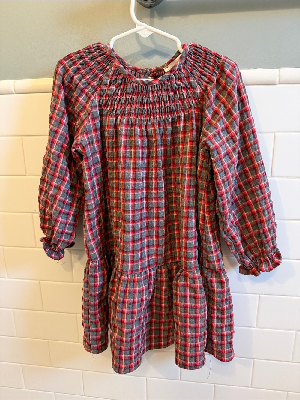 Zara Girls Plaid Long-Sleeve Smocked Dress - Red & Gray 3-4 years